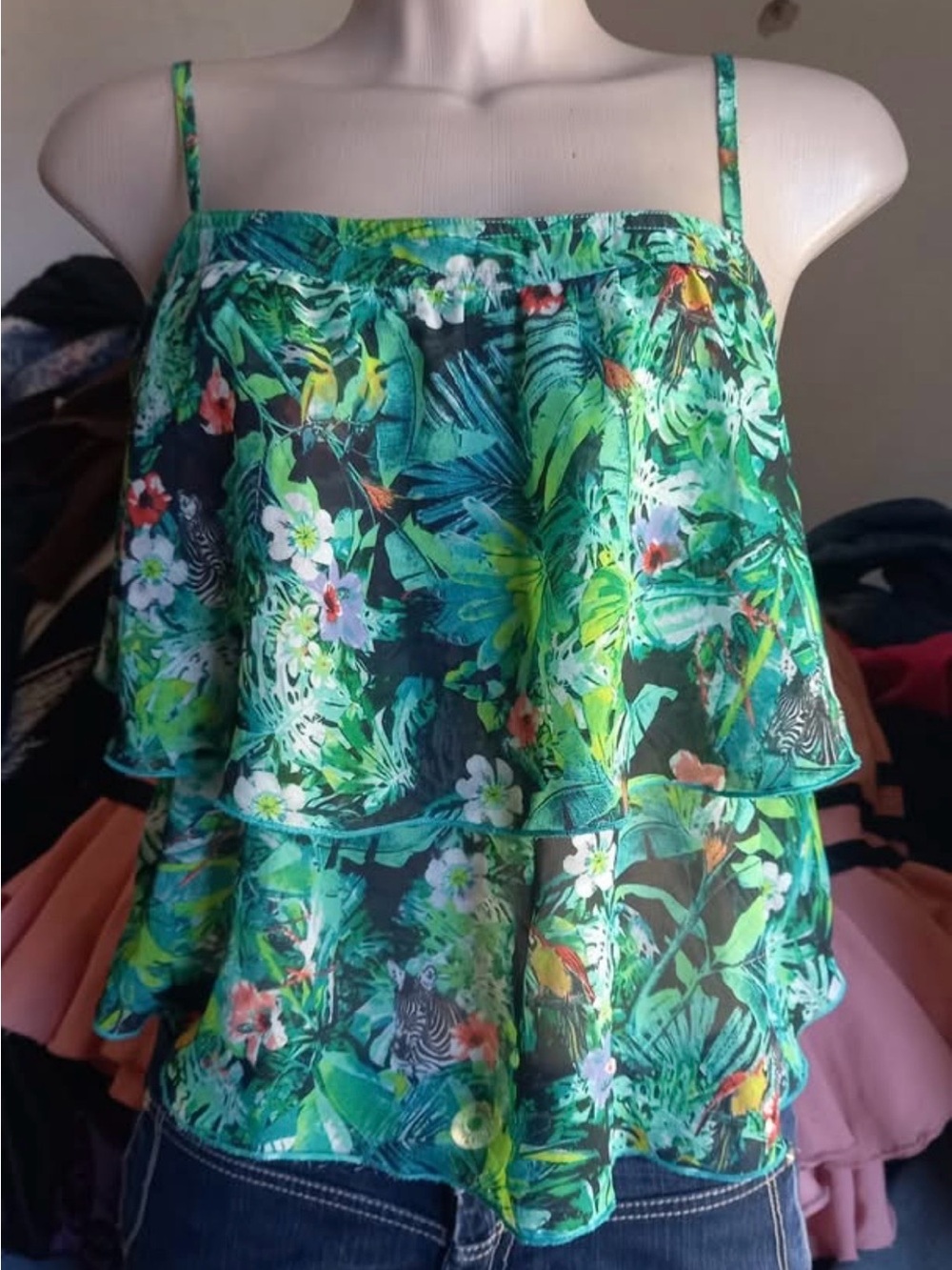 Stradivarius Green Tropical Print Tiered Ruffle Cami Top
